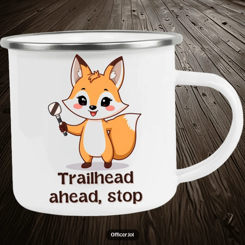 Funny fox camping mug, durable cup with a playful fox directing traffic, confident smile and striped baton.