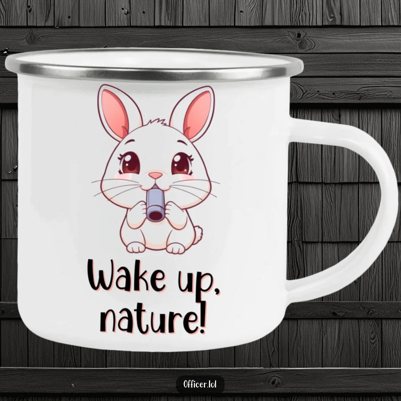 Funny rabbit camping mug, durable cup with a happy rabbit blowing a small whistle, wide joyful eyes.