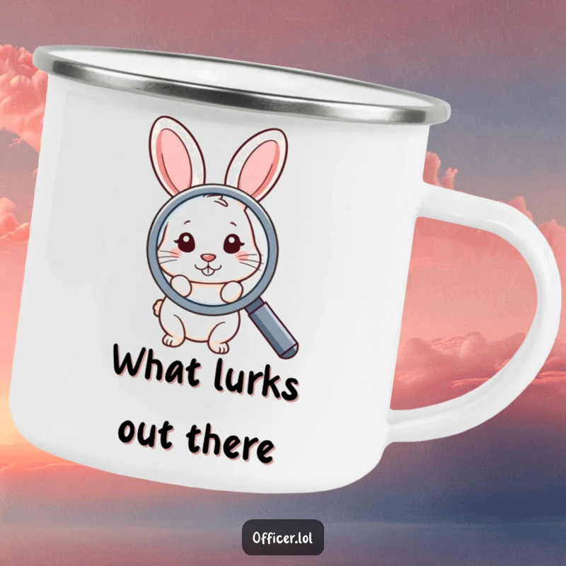 Funny camping mug showcasing a shy rabbit peeking from behind a large magnifying glass, ideal for outdoor drinks with a humorous, curious vibe.