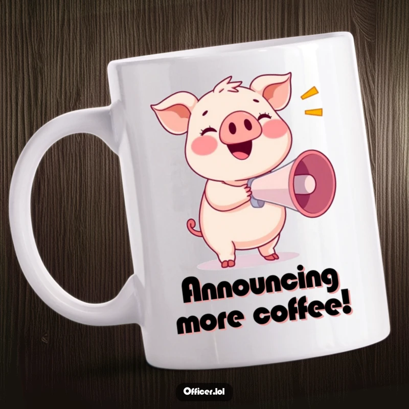 Funny mug featuring a smiling pig holding a megaphone, ready to make a loud, happy announcement.