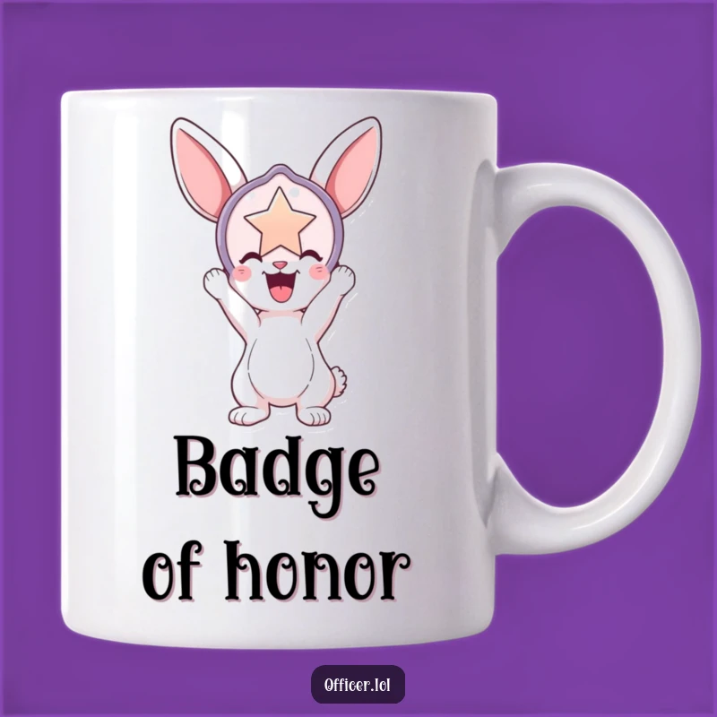 Funny Bunny Badge Mug: Playful Character, Heroic Pose, Perfect Gift