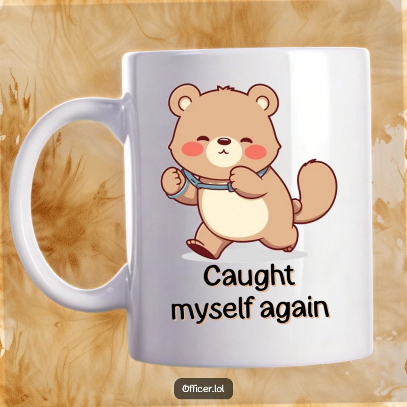 Funny mug showing a bear wearing handcuffs playfully chasing its own tail, a hilarious image of self-inflicted fun.