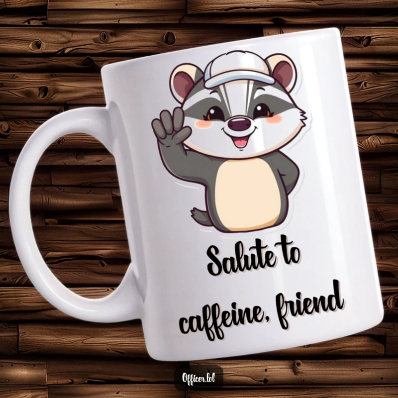 Funny mug featuring a jovial badger in a tilted cap, giving a friendly salute with a happy expression.
