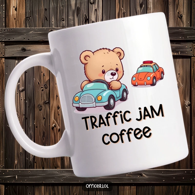 Funny Bear Cub Traffic Mug: A gentle bear cub is carefully directing a colorful line of small toy cars with a focused, cute expression.