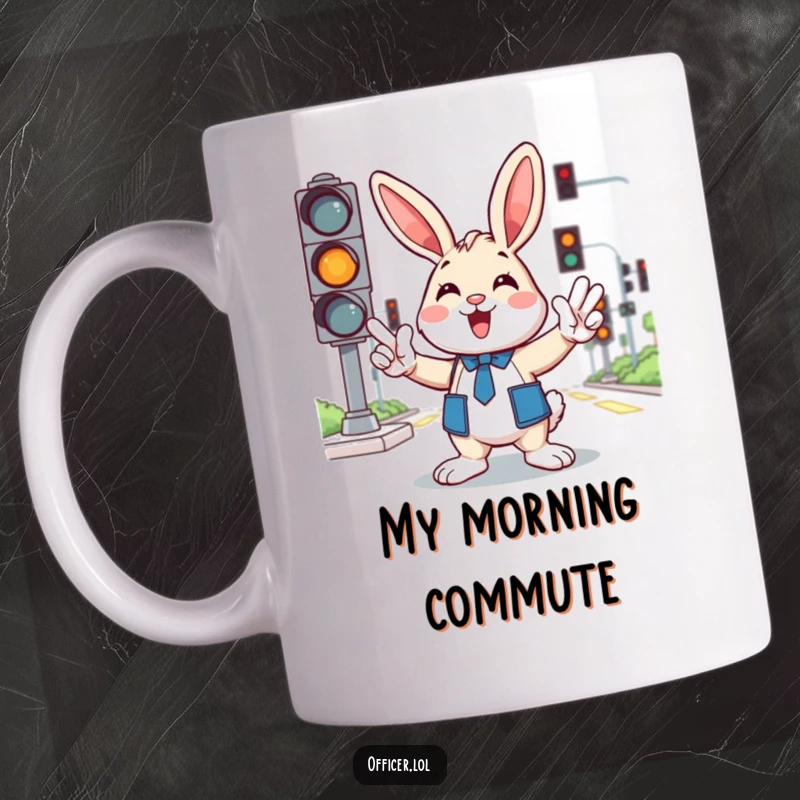 Funny bunny traffic mug showing a cheerful rabbit directing traffic with enthusiastic paw gestures, with traffic lights in the background.