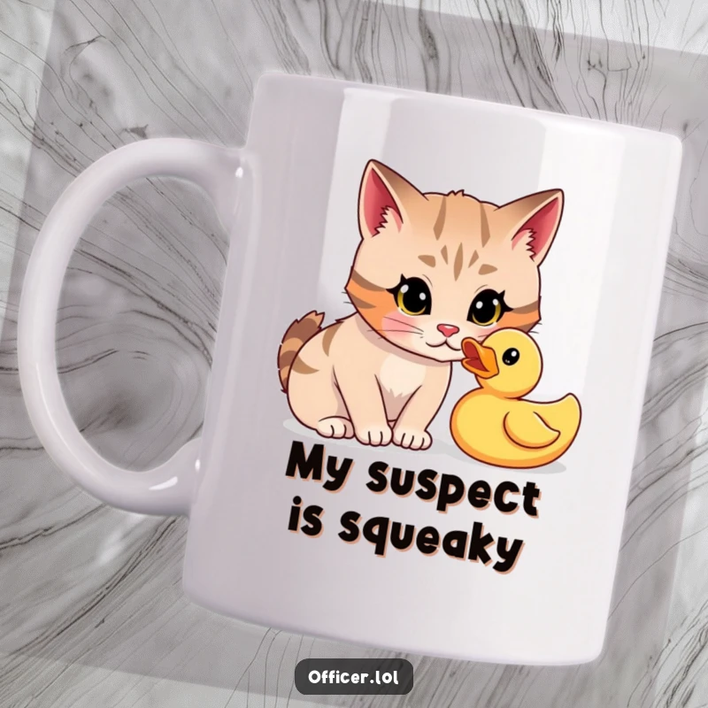 Funny cat interrogation mug showing a focused cartoon cat giving a playful, curious stare to a rubber duck.