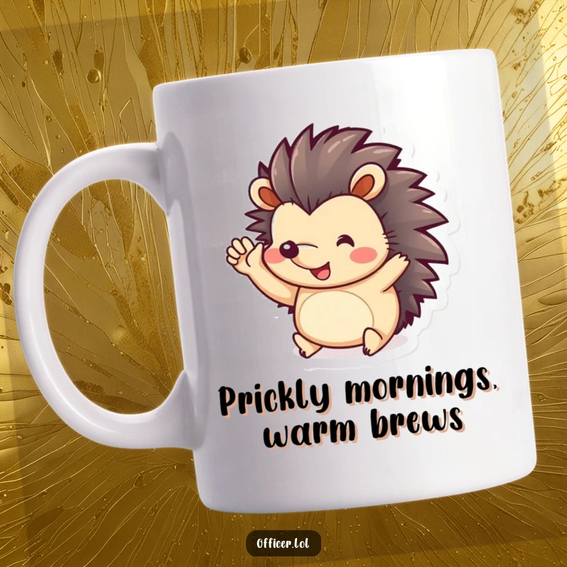 Funny Mug: Playful cartoon hedgehog with tiny paws raised in a cheerful, happy salute, radiating friendliness.