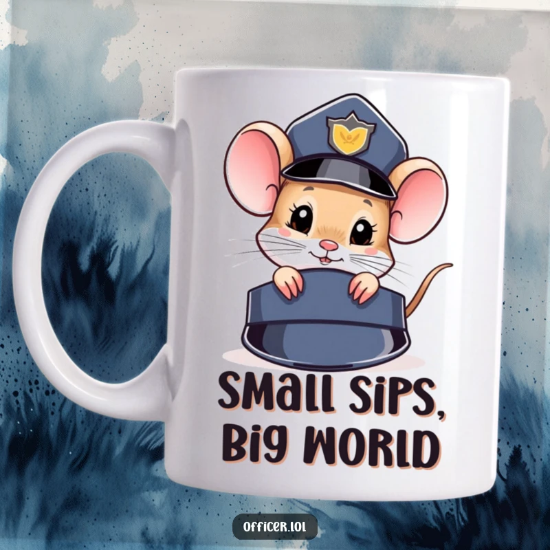 Funny Mug: A small cartoon mouse curiously peers out from behind a large, official police hat, investigating.