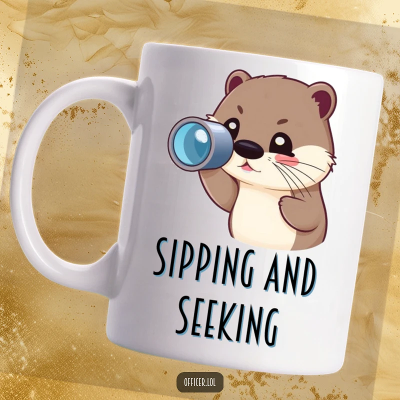 Funny mug featuring a cute otter character joyfully peering through a spyglass with a focused, adventurous gaze.