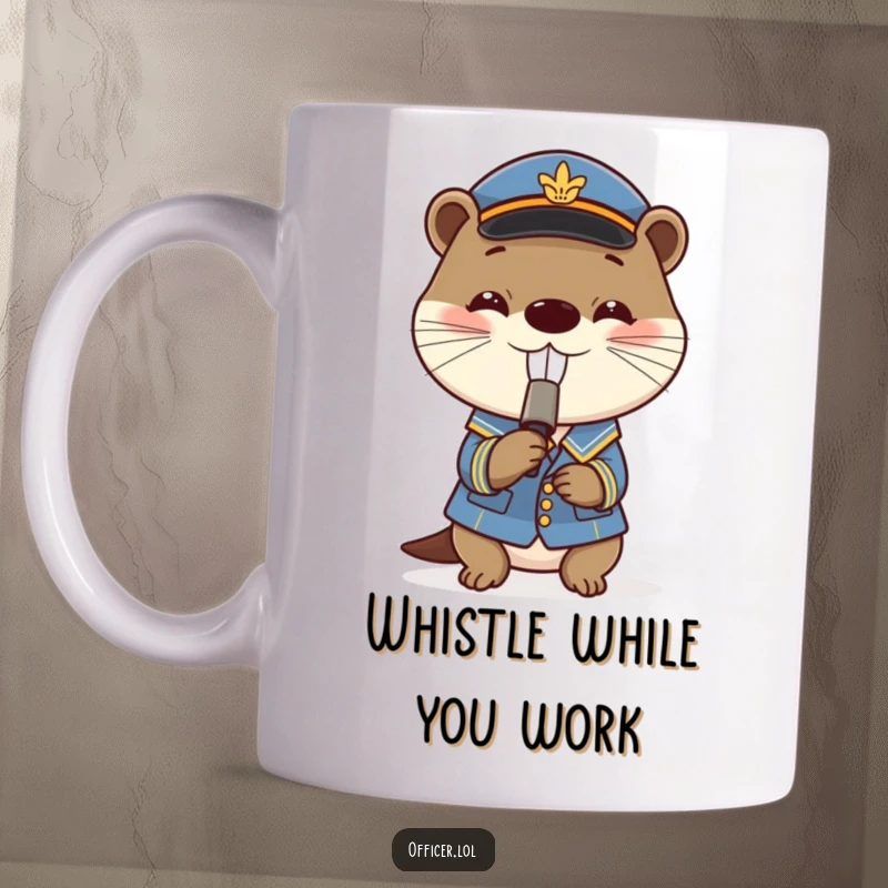 Funny mug featuring a playful otter in a small uniform blowing a tiny whistle with a huge, happy grin.