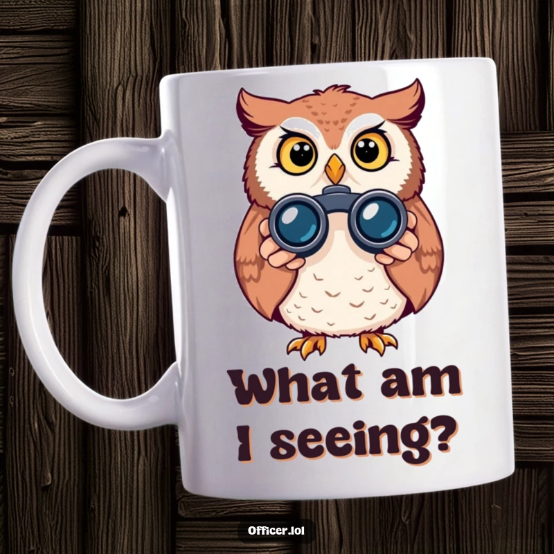 Funny owl coffee mug, peering intently through binoculars with a bright, alert expression, perfect for bird watching enthusiasts.