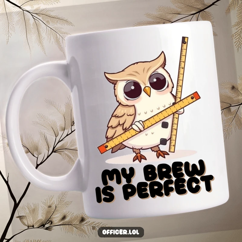 Funny Owl Mug: A wise owl character with spectacles intently measures a very lopsided tower with a ruler, looking perplexed.