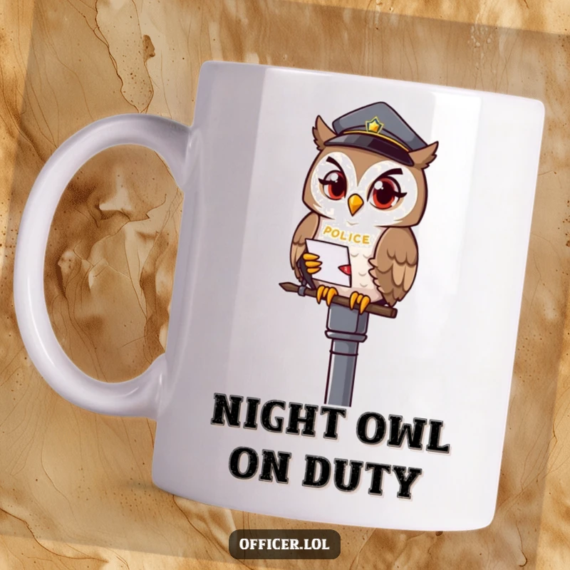 Funny owl officer mug, winking owl perched on a lamppost with a notepad, perfect wise gift.