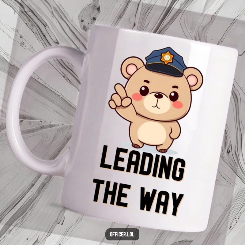 Funny police bear mug showing a determined bear in a small police hat pointing forward with a stern yet happy expression.