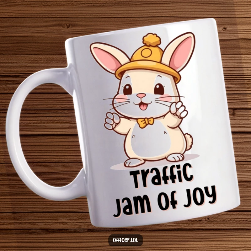 Funny mug showing a playful rabbit in a hat enthusiastically directing traffic with its paws in a busy scene.