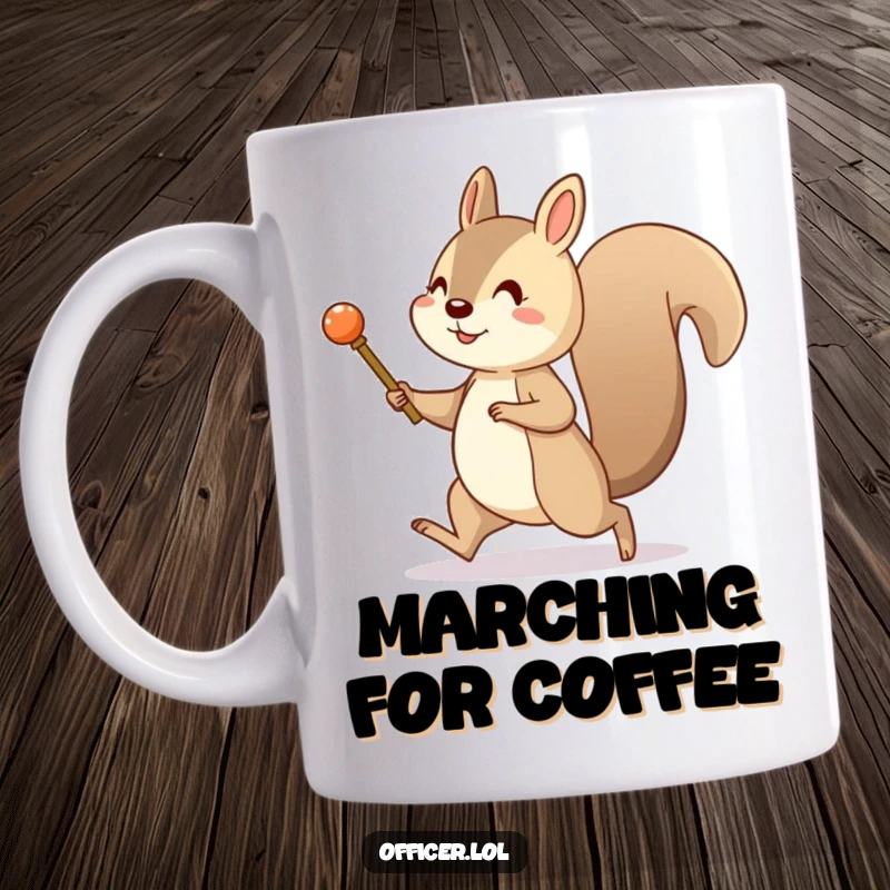 Funny mug showing a cheerful squirrel marching enthusiastically with a tiny pretend baton. Humorous and spirited collectible.