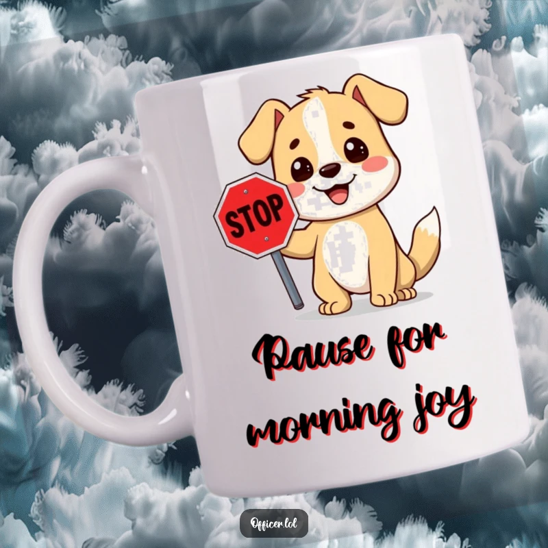 Funny stop sign dog mug showing a smiling cartoon dog holding a red stop sign with a friendly gesture.