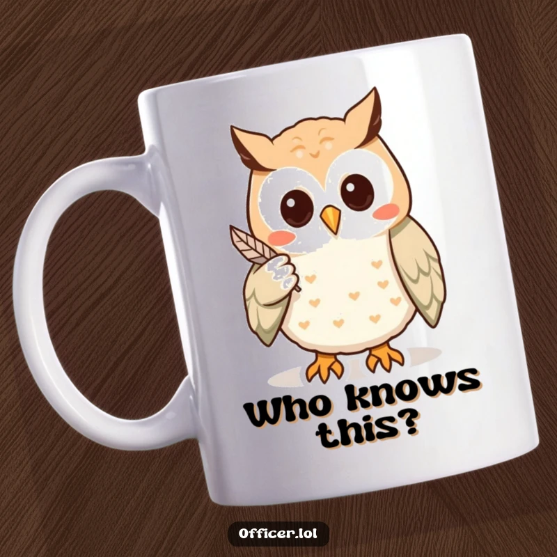 Funny mug featuring a wise owl pointing with a feather towards a hidden clue, symbolizing intelligence and mystery.