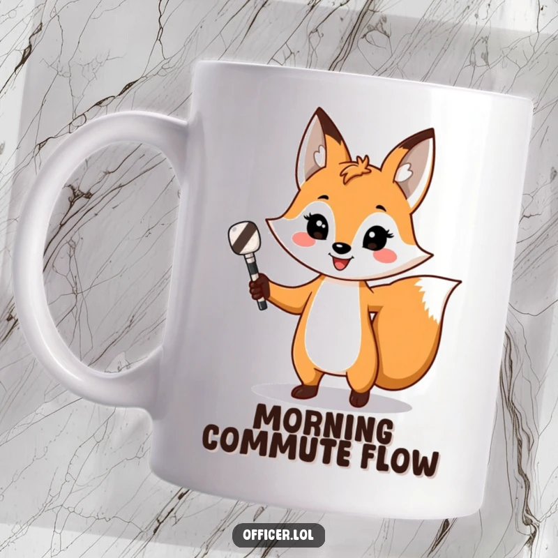 Funny fox coffee mug, playfully directing traffic with a striped baton and a confident smile, a humorous scene.