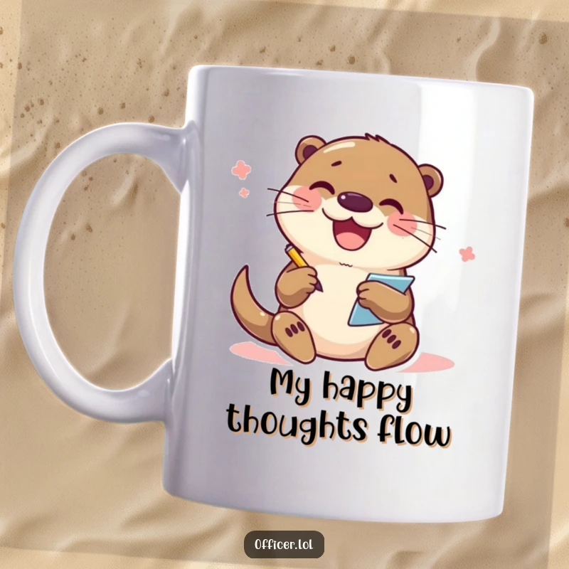 Funny Otter Mug: A joyful otter character is shown enthusiastically scribbling notes on a small notepad with a happy, focused expression.
