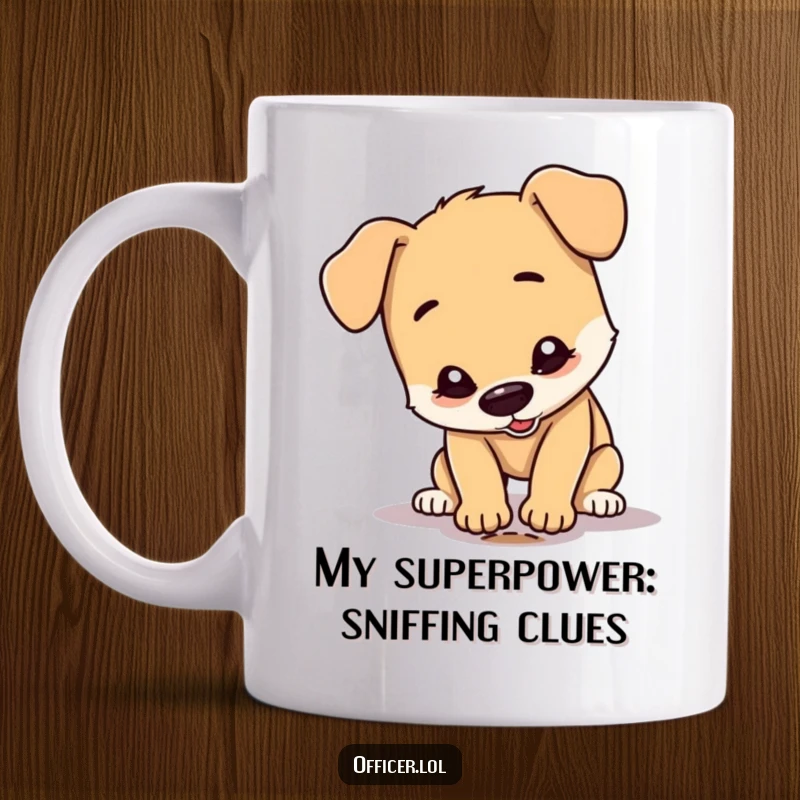 Funny Dog Mug: A happy dog character intently inspects a single, tiny footprint with an exaggerated, serious expression, like a detective.