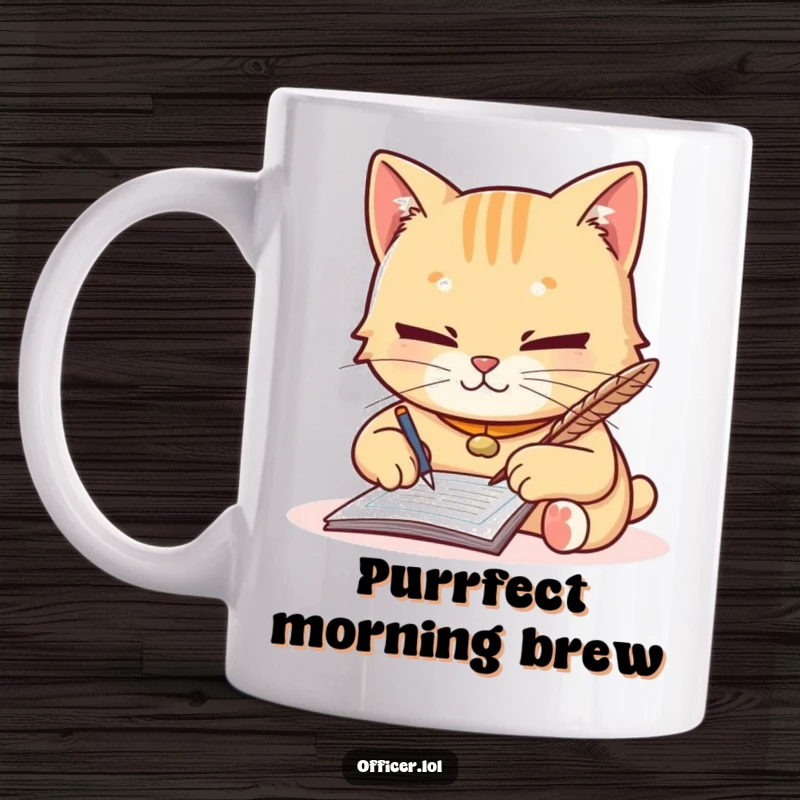Funny mug showing a diligent cat with a friendly demeanor writing a ticket with a quill, representing organized and polite enforcement.