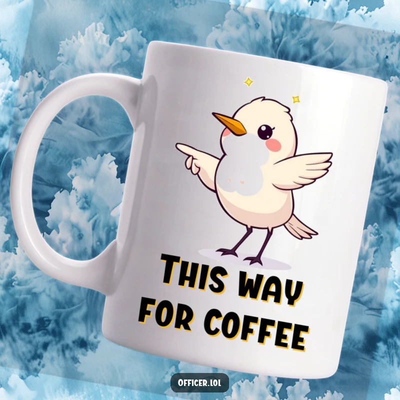 Funny mug featuring a twinkling starling clearly pointing the way with a directive gesture, looking smart.