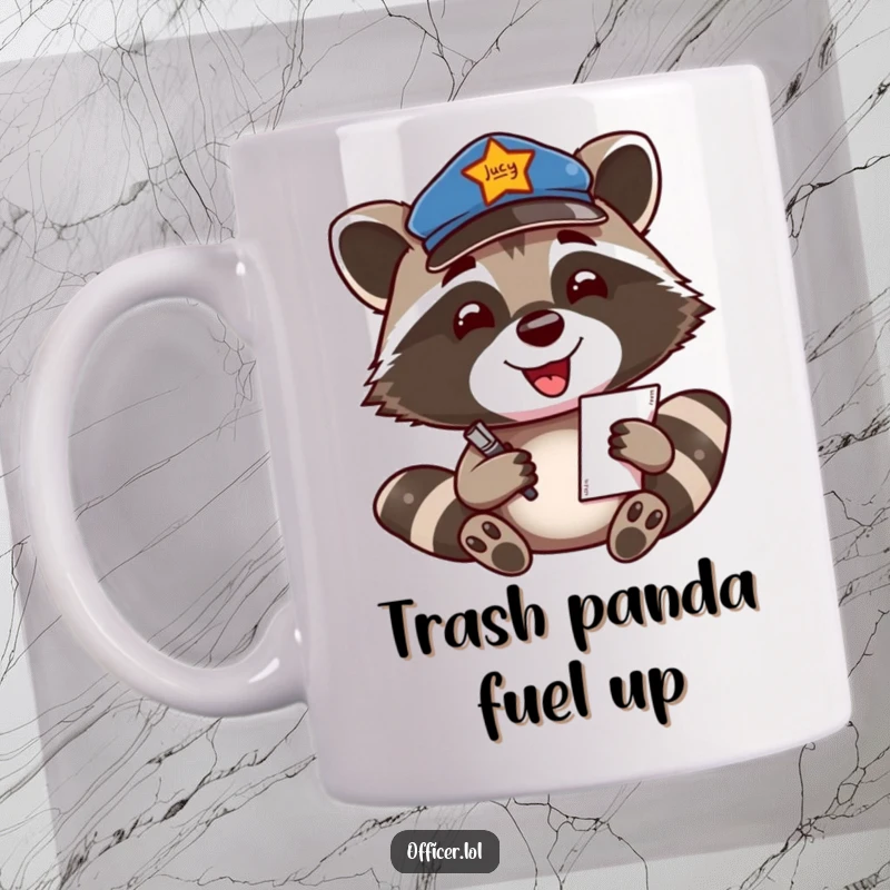 Funny Mug: A beaming raccoon in a patrol cap enthusiastically writes a ticket with a friendly, smiling expression.