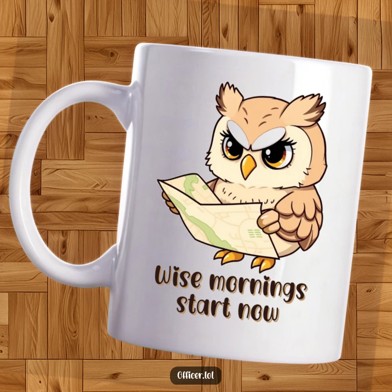 Funny mug featuring a focused owl intently studying a map with a serious but cheerful expression, symbolizing wisdom.