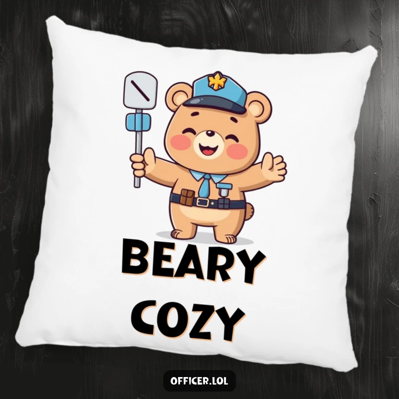 Funny pillow: A friendly bear officer directing traffic, soft and funny gift for relaxation.