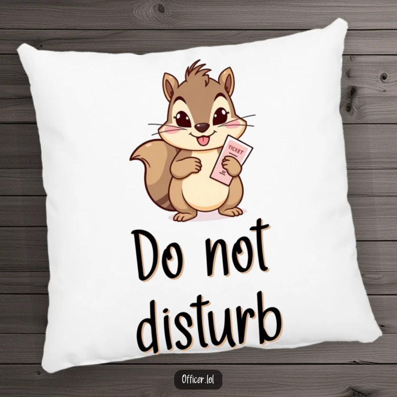 Funny pillow featuring a mischievous squirrel issuing a ticket, offering cozy comfort and a humorous touch of playful authority.