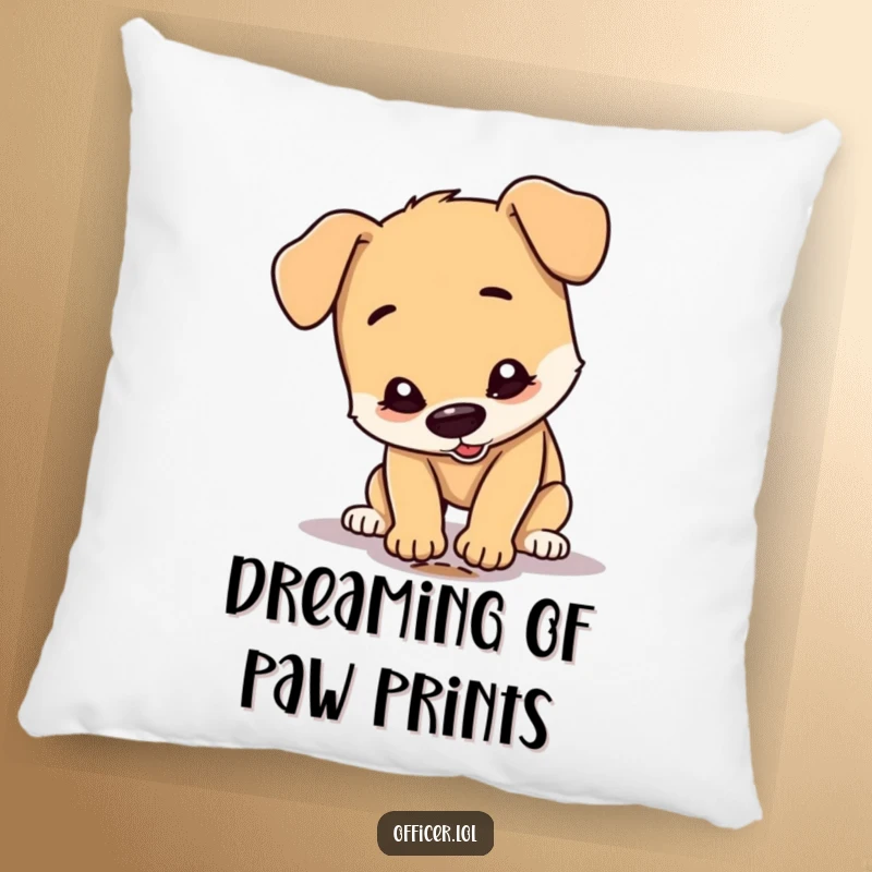 Funny Dog Pillow: A cute, happy dog character with a serious expression inspects a tiny footprint, bringing humorous detective vibes to decor.