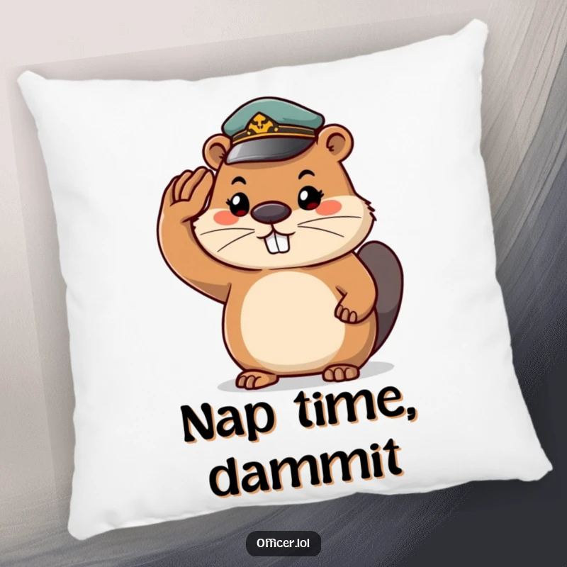 Funny beaver pillow, a determined beaver in a tiny cap saluting with a cheerful grin, adding comfort and humor to decor.
