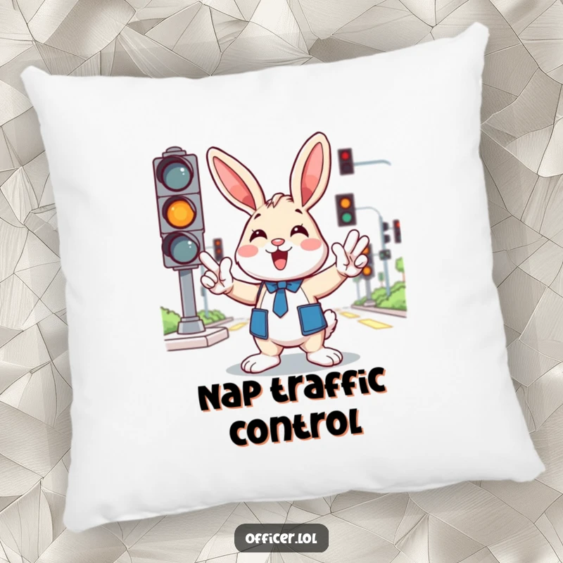 Funny pillow with a cheerful cartoon bunny enthusiastically directing traffic, with traffic lights visible in the background.