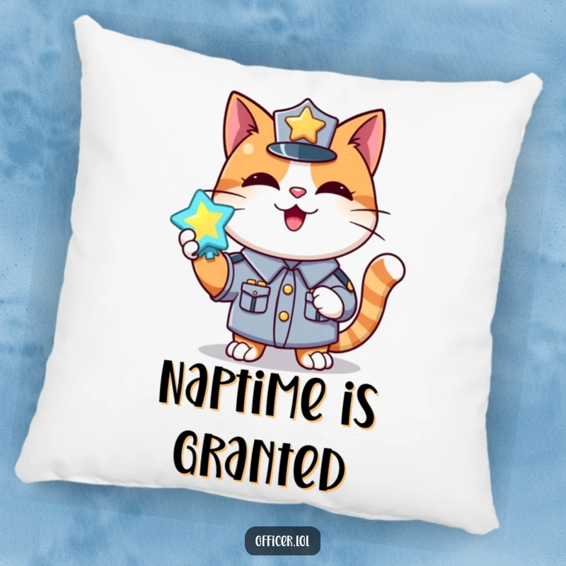 Funny pillow featuring a happy cat in uniform holding a shiny, glowing badge, adding comfort and pride.