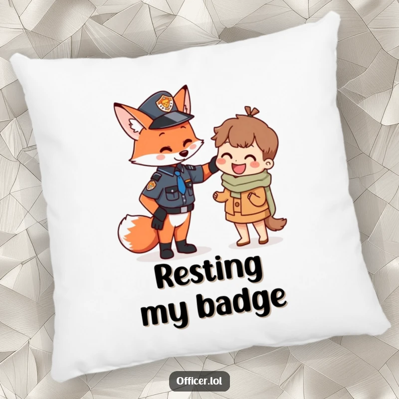 Funny Fox Officer Pillow showing a sweet fox officer gently patting a tiny happy citizen, providing comfort and a touch of humor for any space.