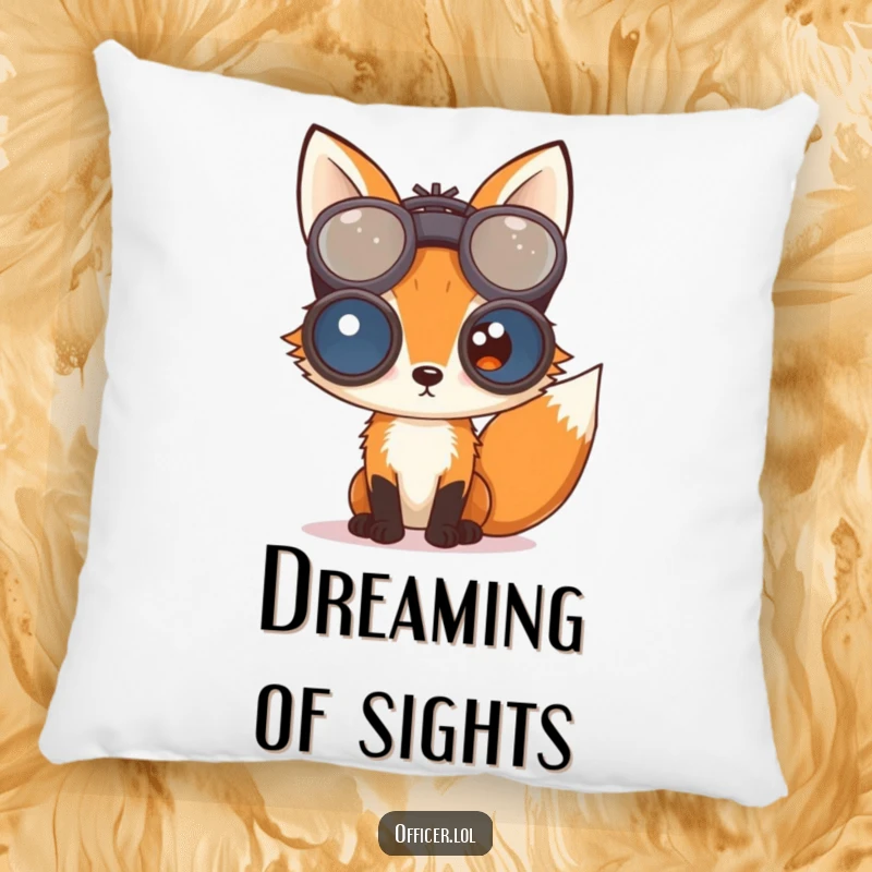 A soft pillow featuring a curious fox peering through oversized binoculars, embodying observant comfort and keen interest.