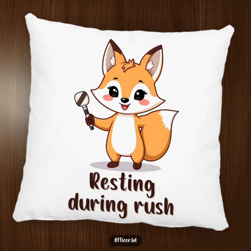 Funny fox pillow, soft cushion with a playful fox directing traffic, confident smile and striped baton design.
