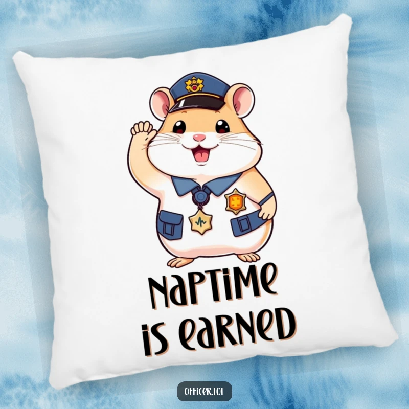 Funny hamster officer pillow, soft cushion with a saluting hamster, perfect for cozy spaces.