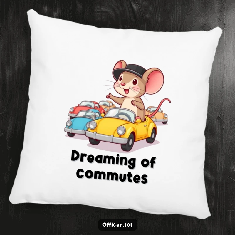 Funny pillow featuring a determined mouse in a hat directing tiny cars with enthusiasm, adding comfort and drive.