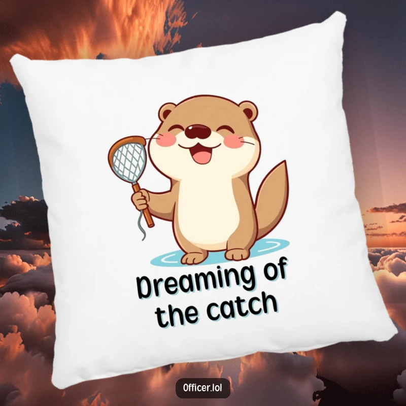 Funny Pillow: Soft cushion featuring a delighted otter holding a net with a triumphant smile, adding cozy cheer.