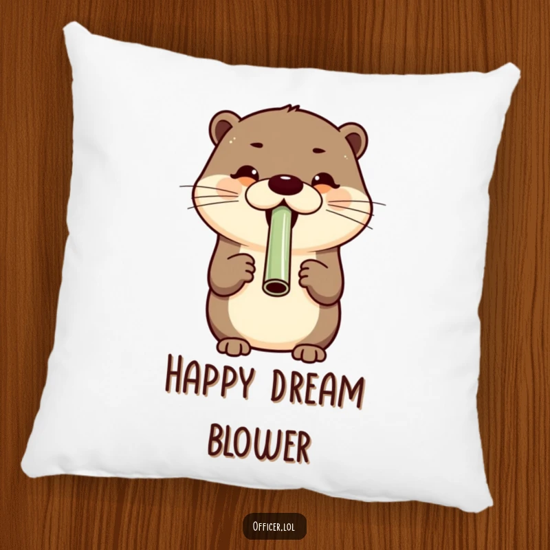 Cheerful otter blowing a whistle with a wide grin, a soft and cozy pillow for spreading happiness.