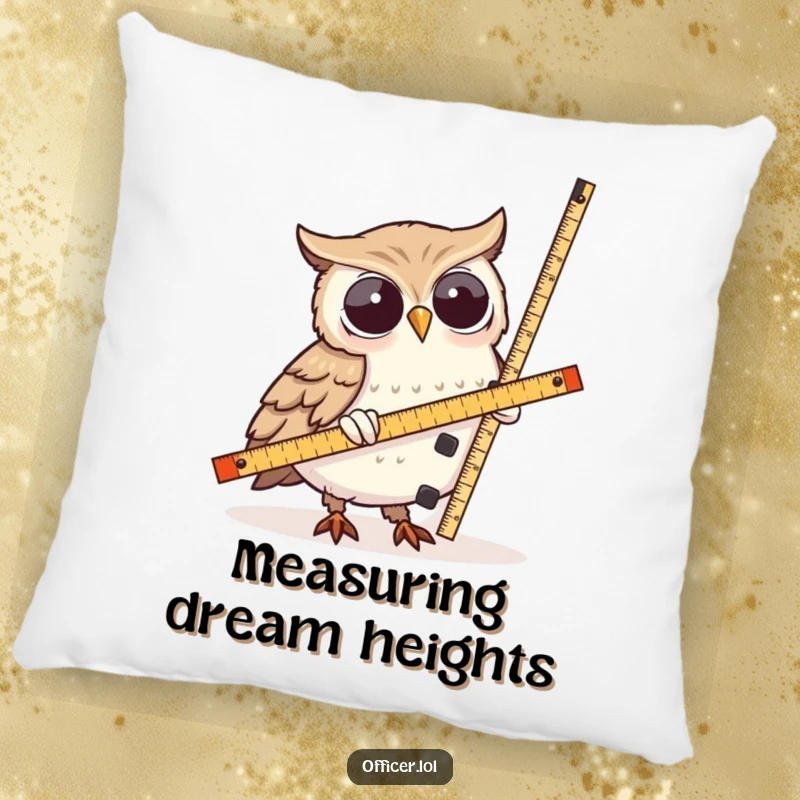 Funny Owl Pillow: A wise owl character measuring a lopsided tower, creating a cozy and intellectually humorous decorative piece.