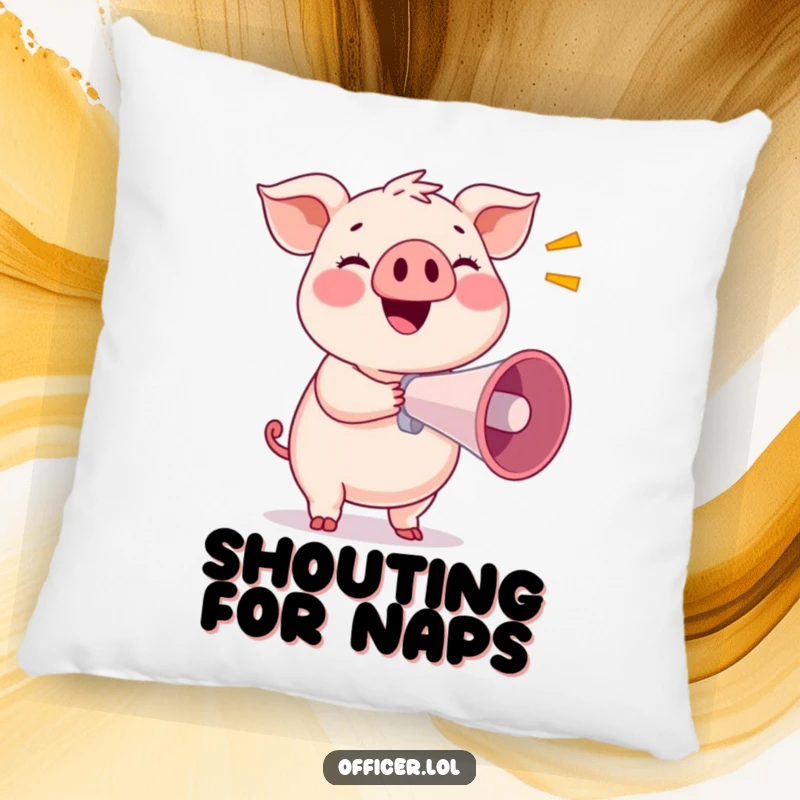 Funny pillow featuring a smiling pig holding a megaphone, soft and decorative for a happy announcement.