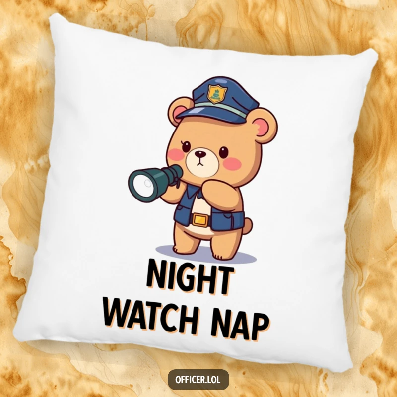 Funny police bear pillow, a soft cushion featuring a brave officer bear with a flashlight, bringing comfort and humor.