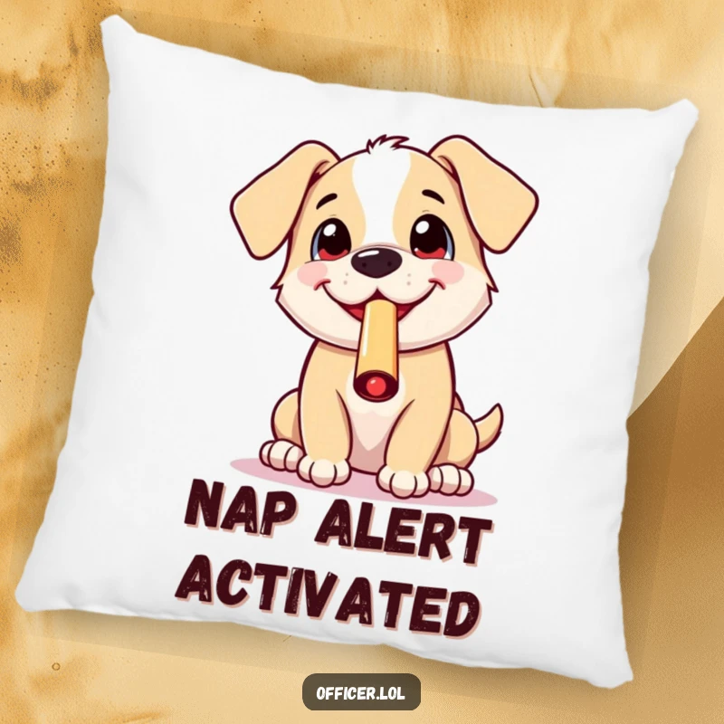 Funny pillow featuring a cheerful puppy blowing a whistle with an excited grin, adding a touch of playful joy and comfort.