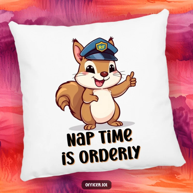 Happy squirrel in a police hat enthusiastically directing traffic, a soft and cozy pillow for fans of order.