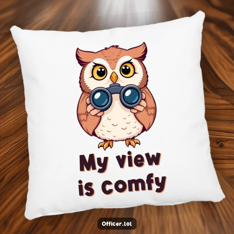 Funny owl pillow, soft cushion with a curious owl using binoculars, alert and bright expression, adds humor to home decor.