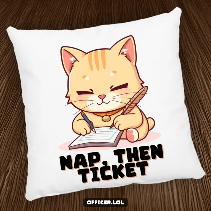 Funny pillow featuring a diligent cat writing a ticket with a quill, focused yet friendly, a soft and humorous accent.