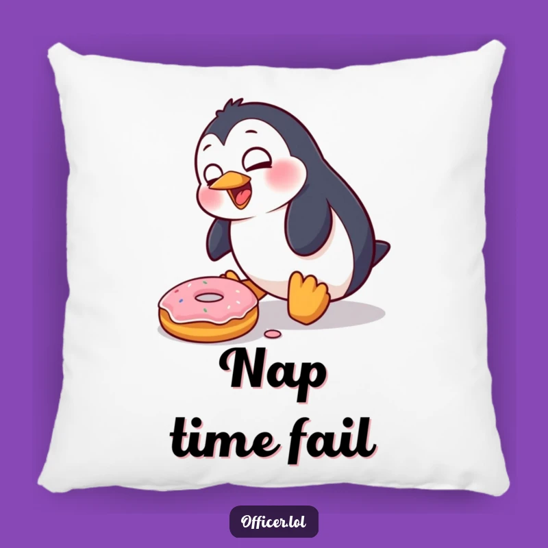 Funny Penguin Donut Mishap Pillow: Cozy Comfort with a Clumsy Character
